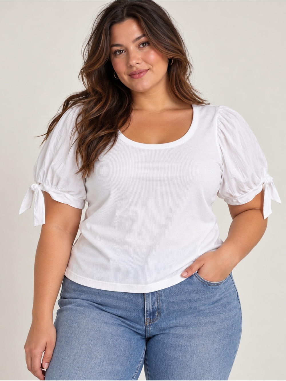GAP White Puff Sleeve Tie-Sleeve Ribbed Scoop Top